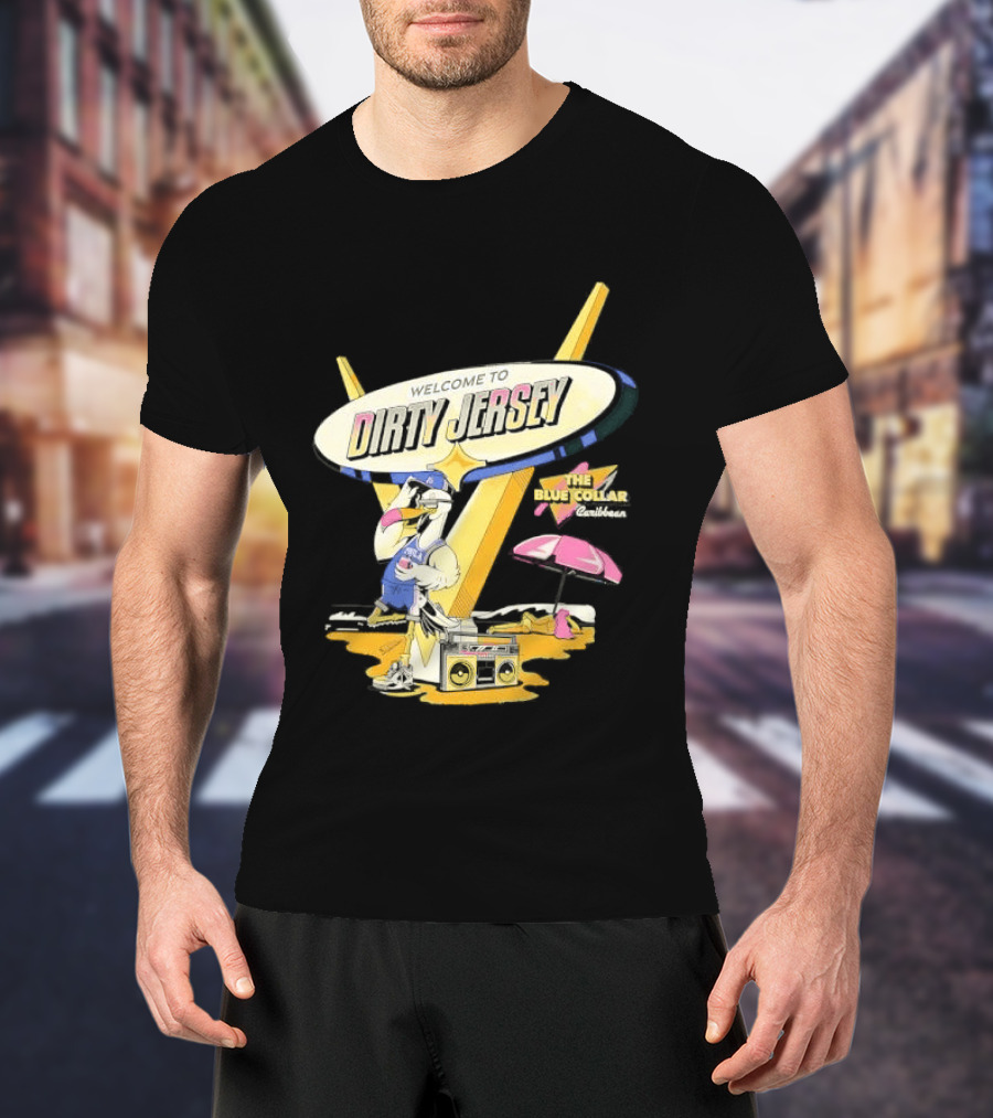Philadelphia 76ers Welcome To Dirty Jersey Blue Collar Caribbean Cartoon Seagull Beach Boombox T-Shirt