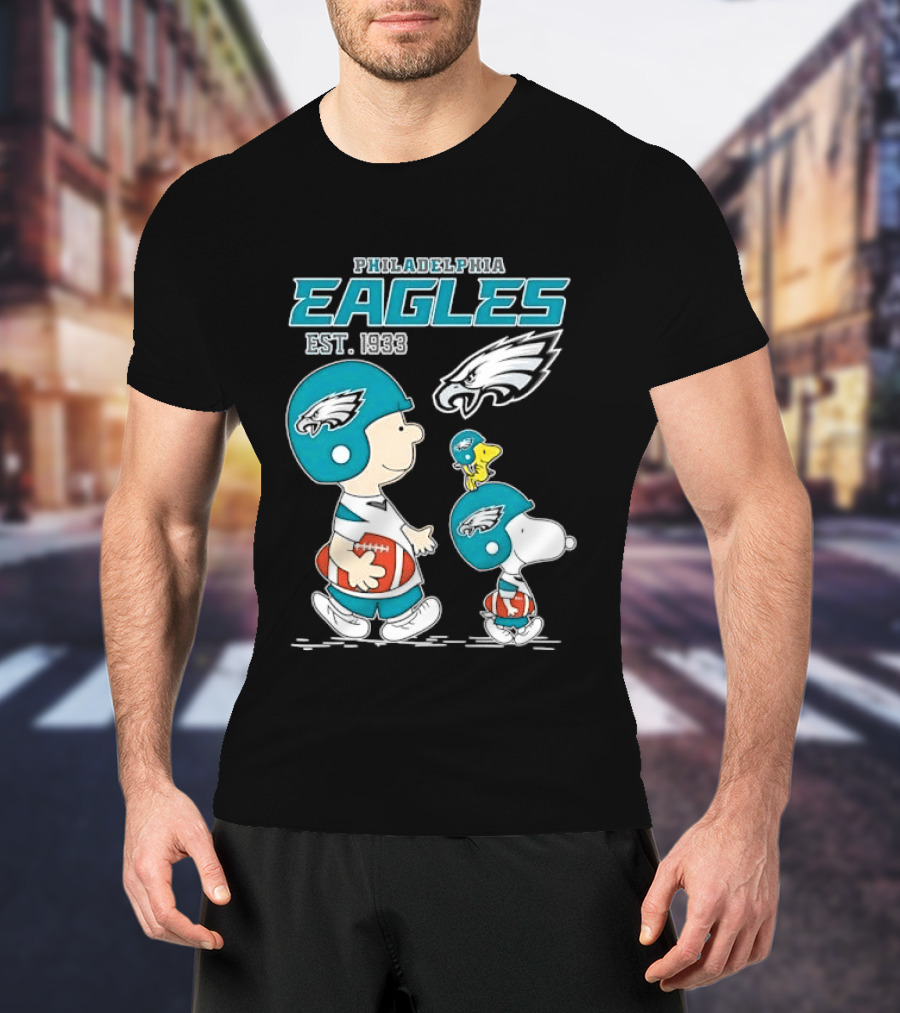 Philadelphia Eagles Est 1933 Cartoon Boy Dog Helmets Footballs T-Shirt
