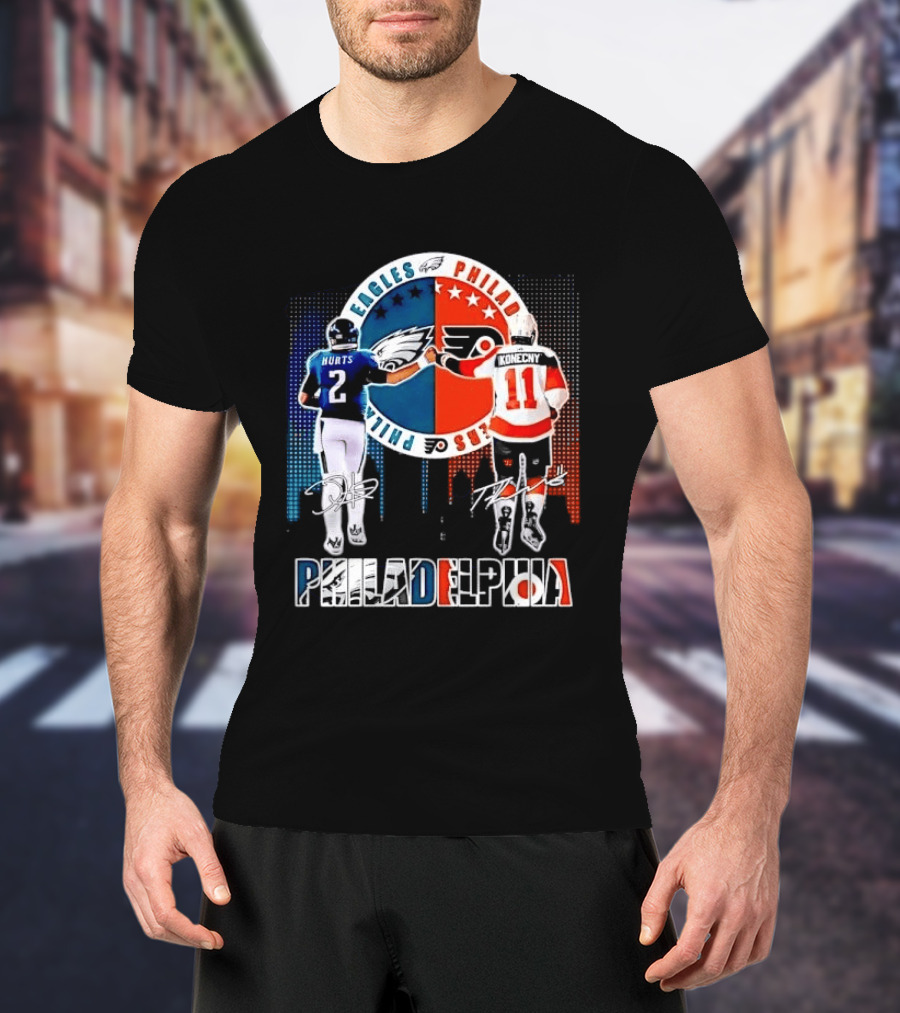 Philadelphia Eagles Flyers Hurts Konecny Fist Bump Split Crest Skyline T-Shirt