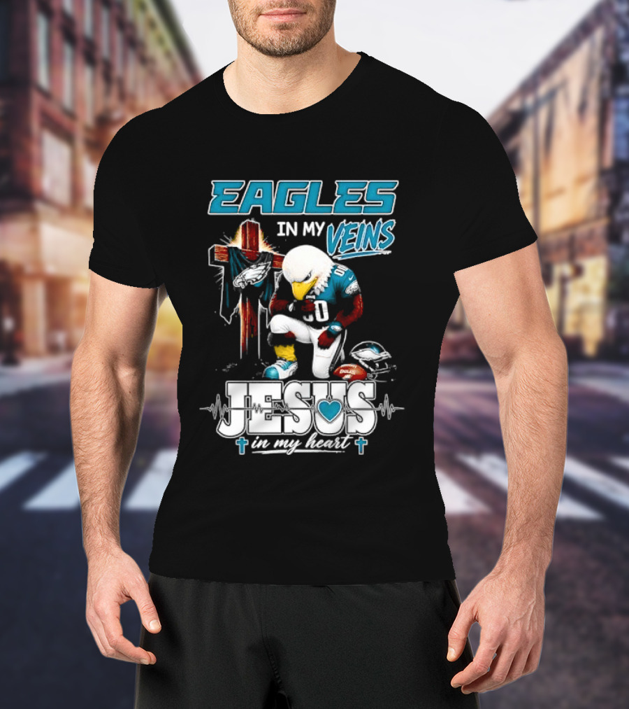 Eagles In My Veins Jesus In My Heart Kneeling Cross Football Helmet T-Shirt