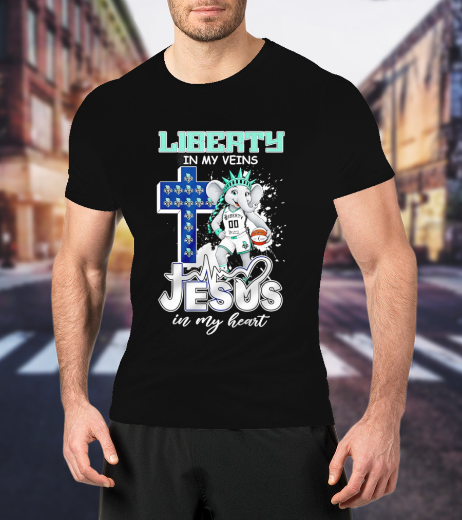 Liberty In My Veins Jesus In My Heart New York Liberty Elephant Basketball Cross T-Shirt