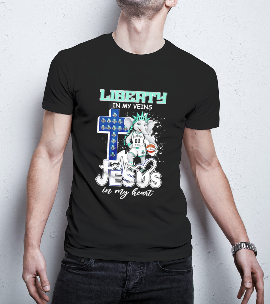 Liberty In My Veins Jesus In My Heart New York Liberty Elephant Basketball Cross T-Shirt