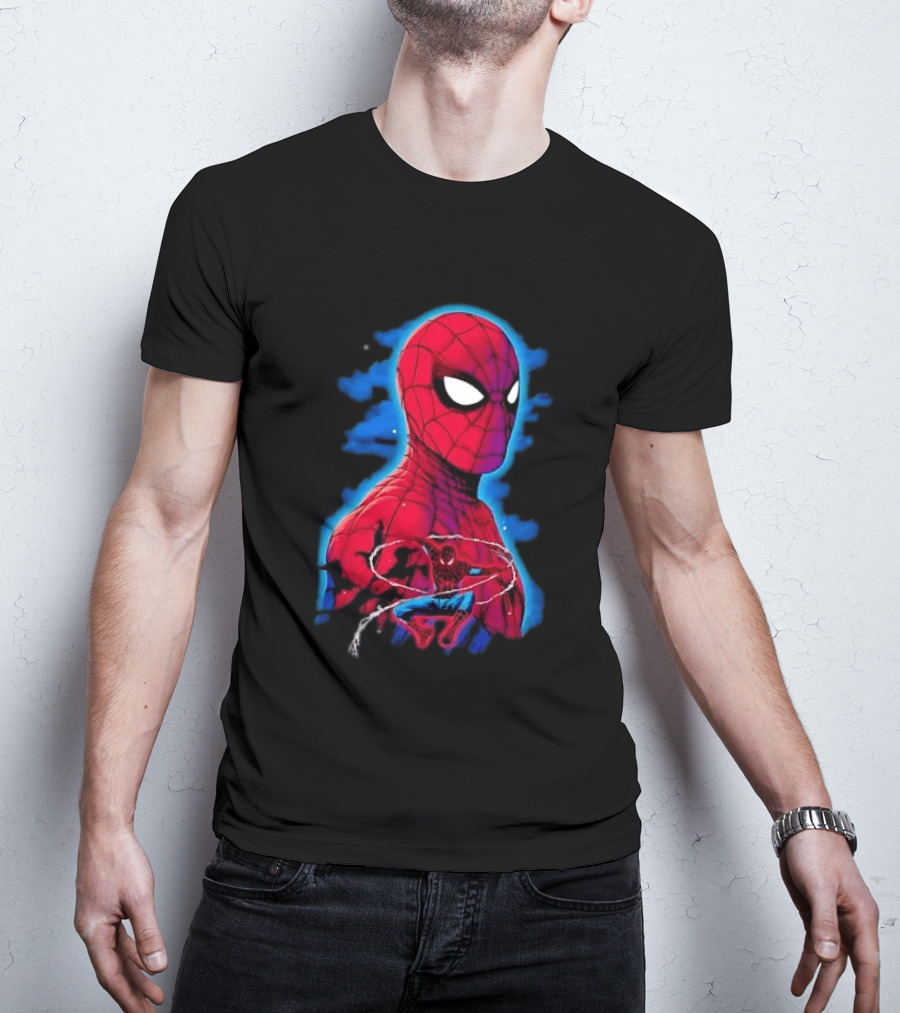 Marvel Spider Man Bust Crouching Web Action Silhouette Clouds T-Shirt