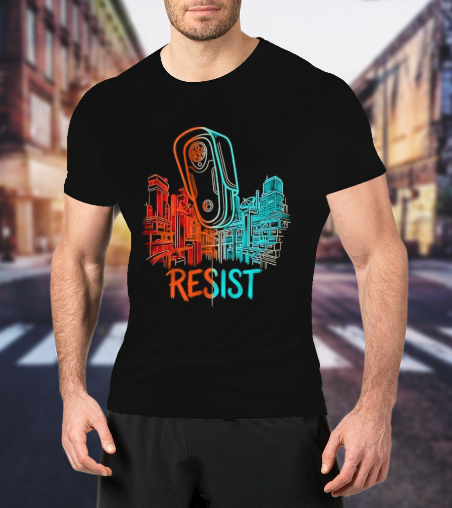Resist Surveillance Neon City Skyline Security Camera T-Shirt
