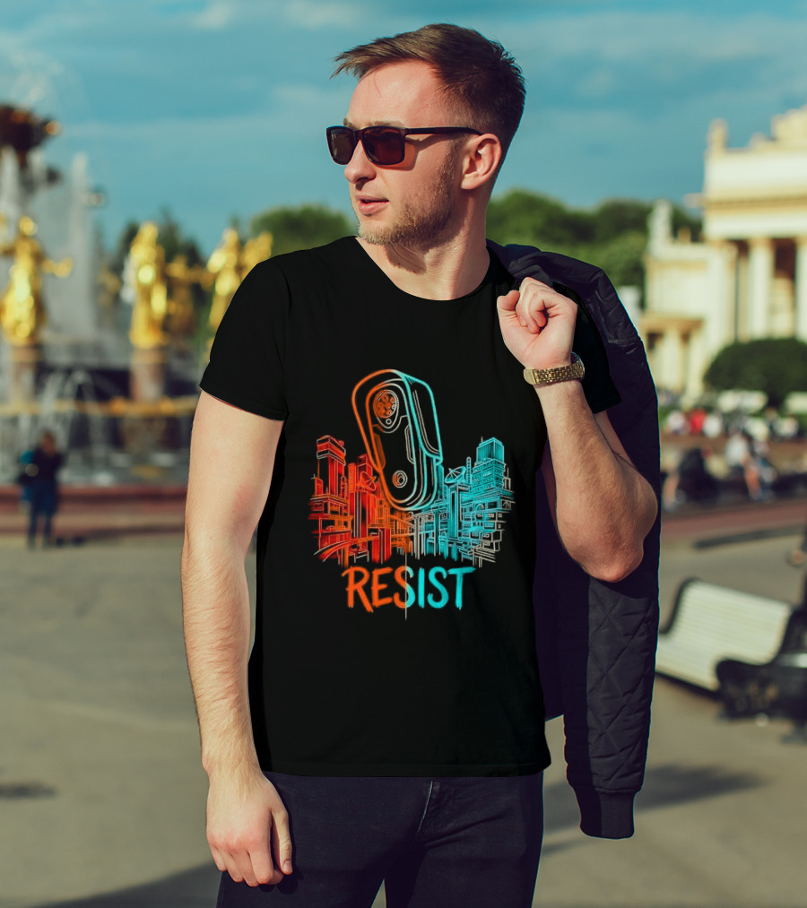 Resist Surveillance Neon City Skyline Security Camera T-Shirt