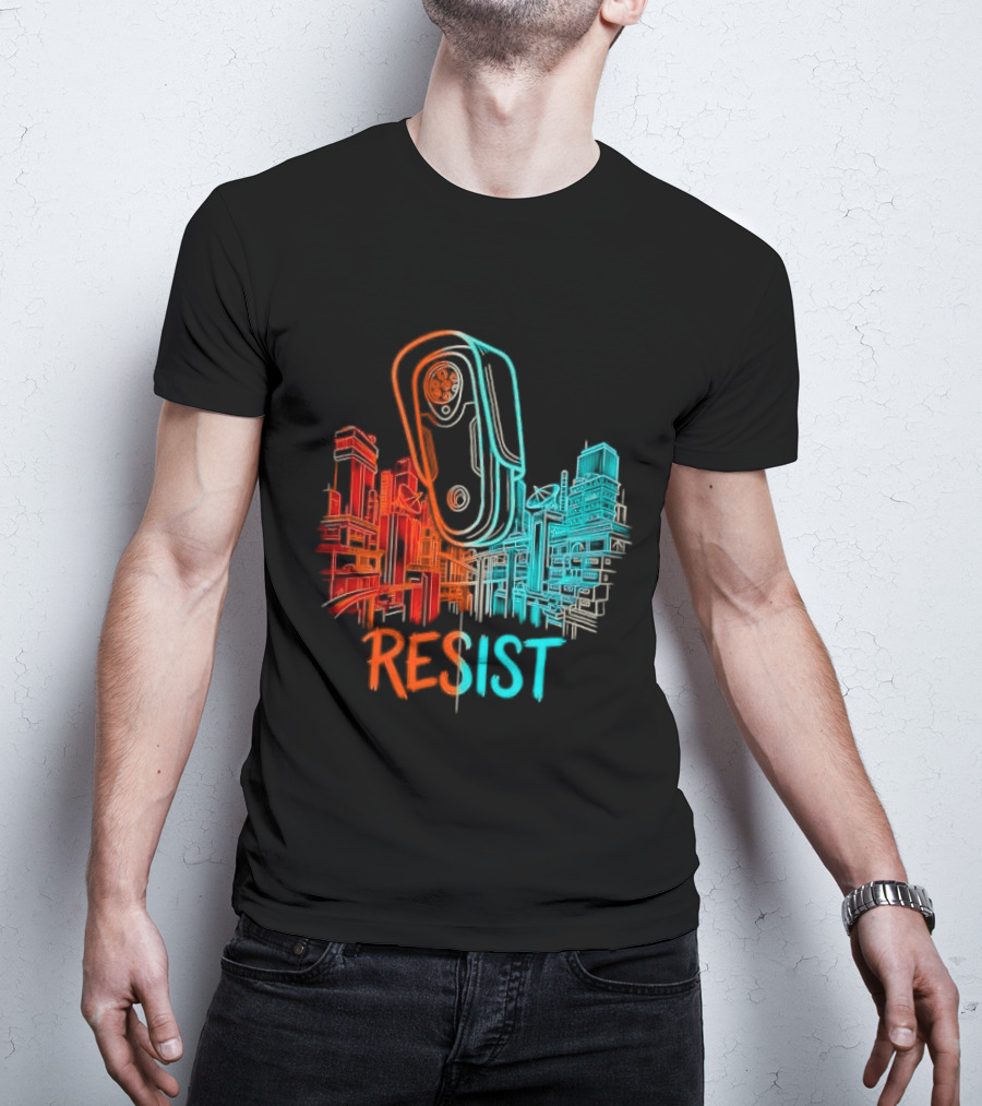 Resist Surveillance Neon City Skyline Security Camera T-Shirt
