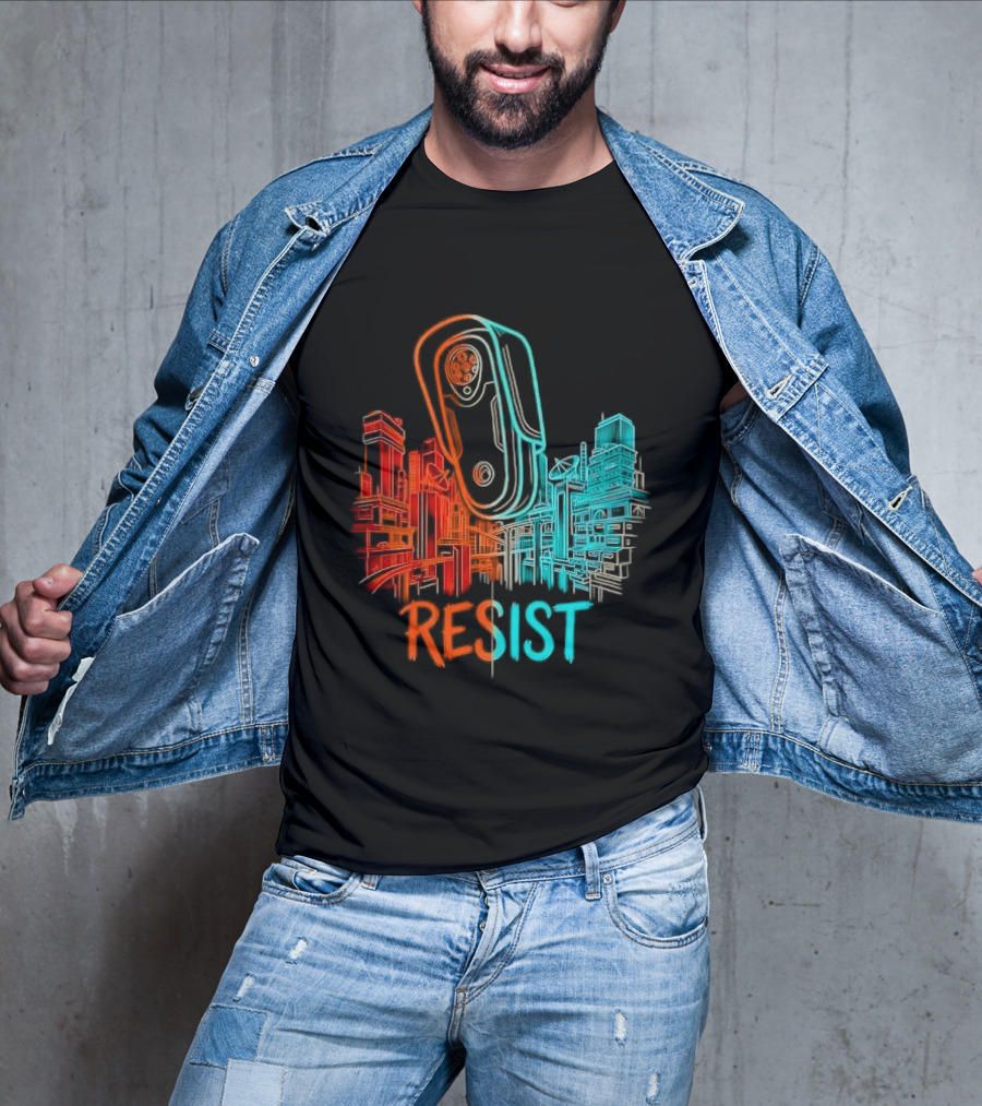 Resist Surveillance Neon City Skyline Security Camera T-Shirt