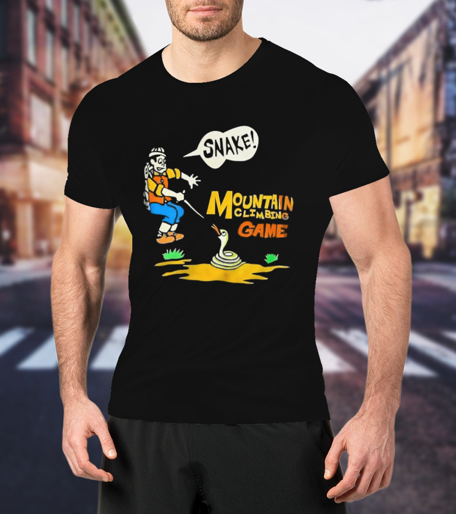 Snake Mountain Climbing Game Startled Climber Coiled Serpent Cartoon T-Shirt