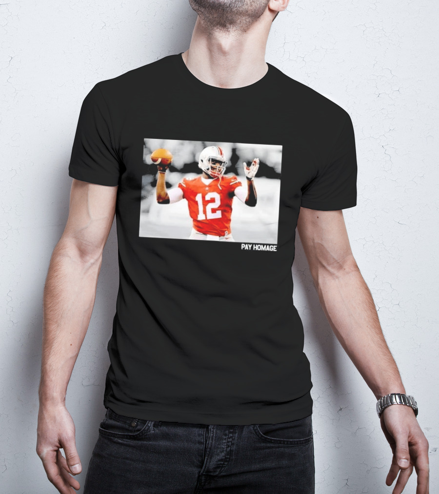 Ohio State Buckeyes Quarterback Number 12 Throwing Football Selective Color Pay Homage T-Shirt