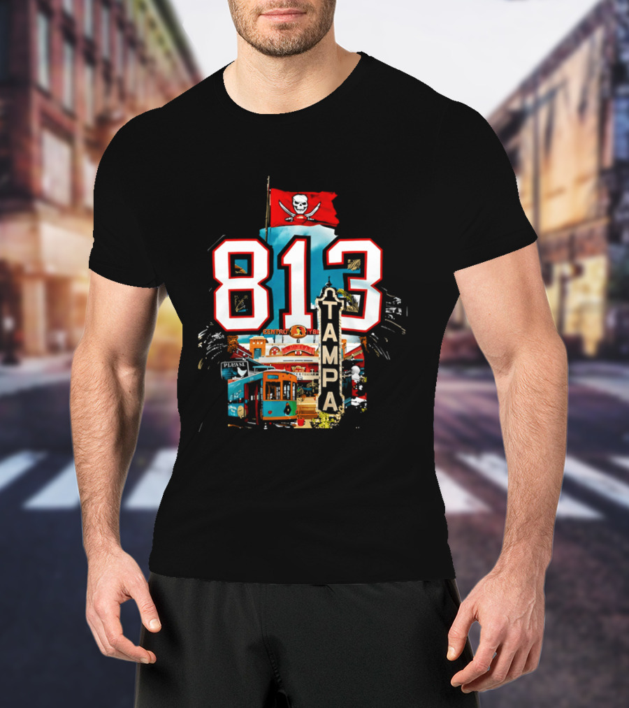 Tampa Bay Buccaneers 813 Day Celebration With Pirate Flag And Tampa Landmarks T-Shirt