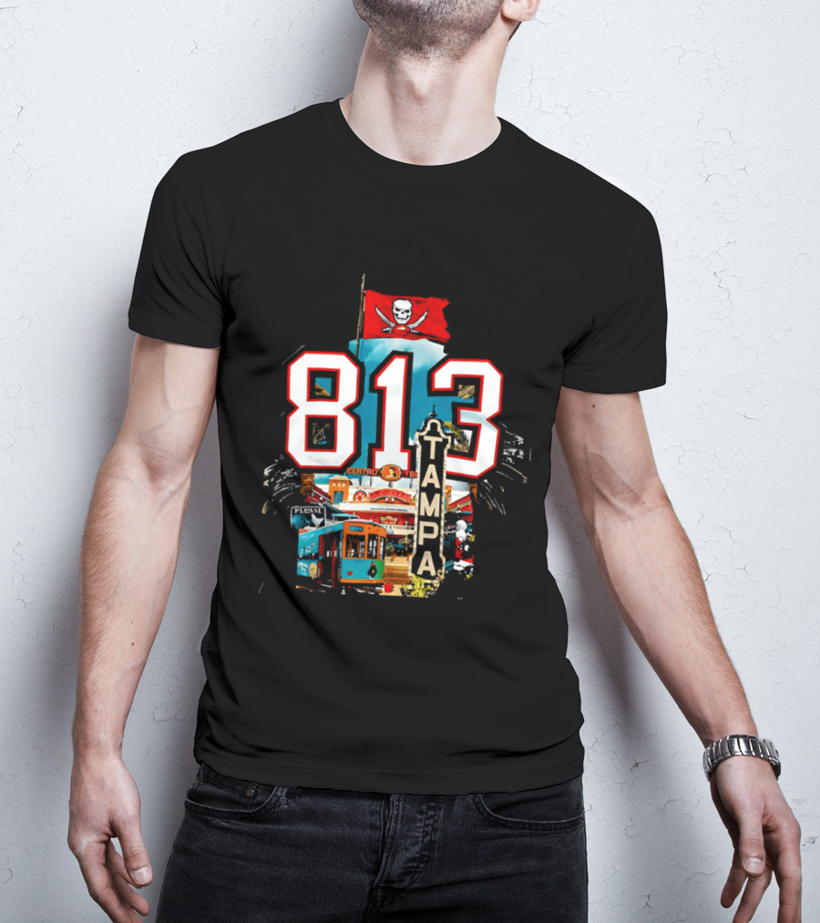 Tampa Bay Buccaneers 813 Day Celebration With Pirate Flag And Tampa Landmarks T-Shirt