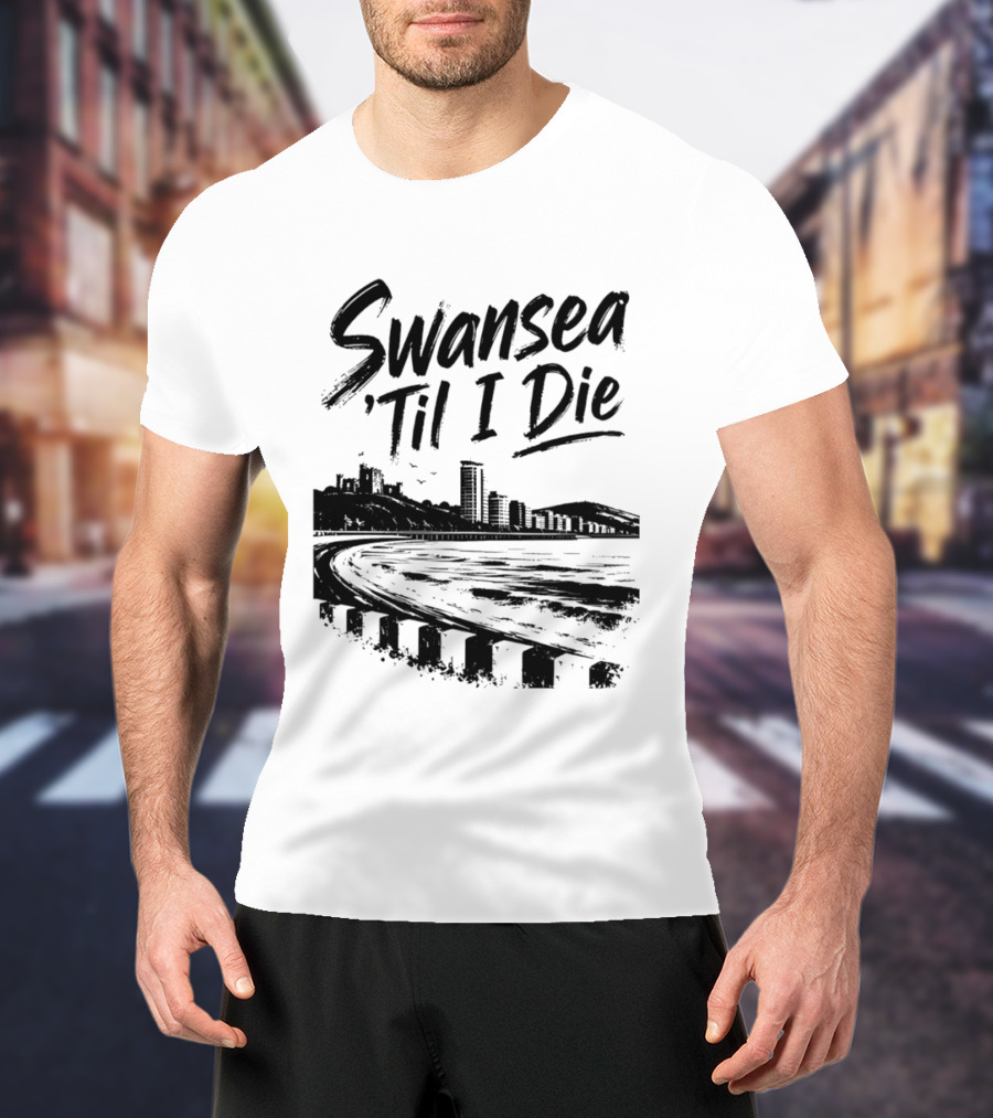 Swansea 'Til I Die Swansea Cityscape Coastal Skyline T-Shirt