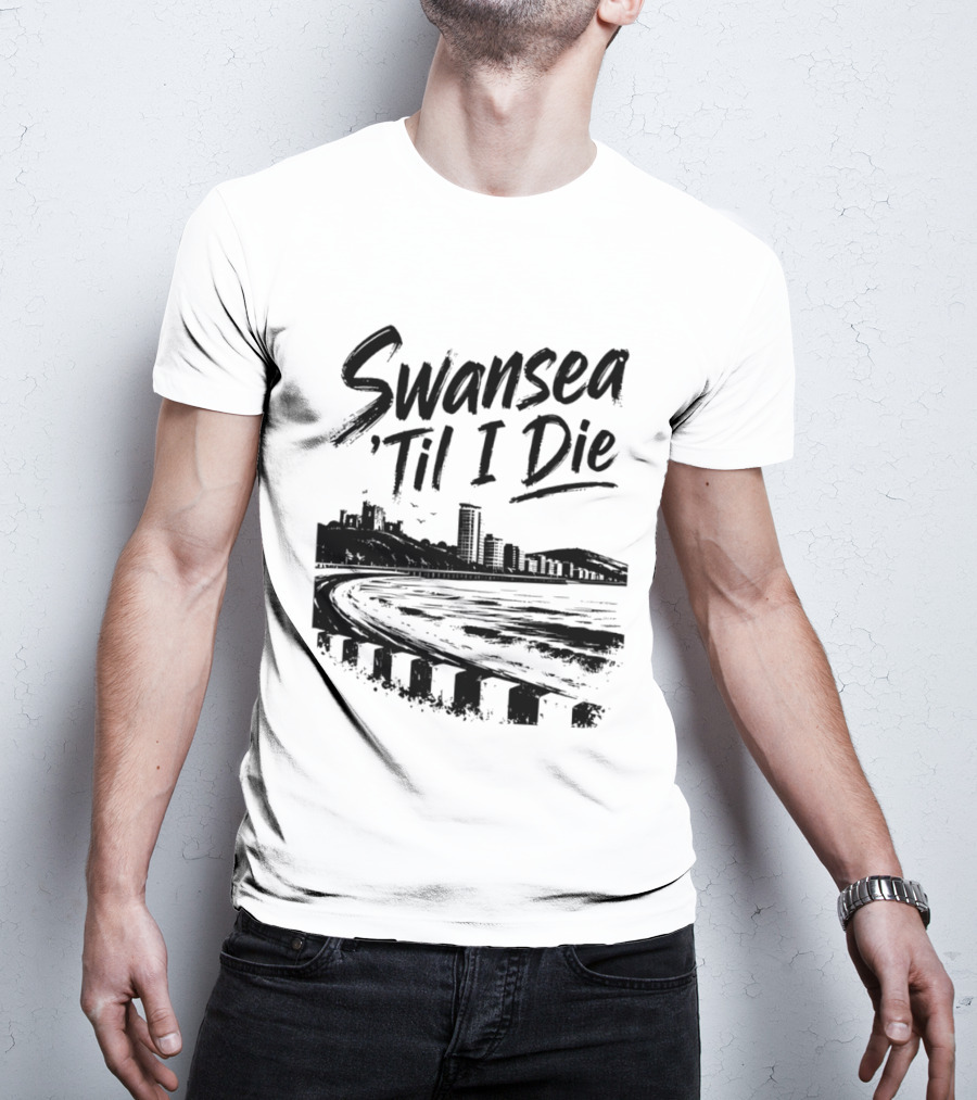 Swansea 'Til I Die Swansea Cityscape Coastal Skyline T-Shirt