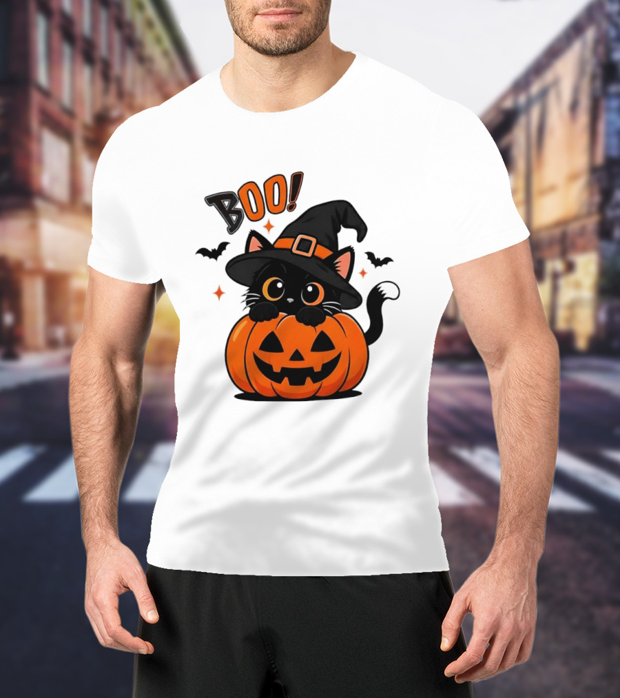 Boo Halloween Black Cat Witch Hat Jack O Lantern Pumpkin T-Shirt
