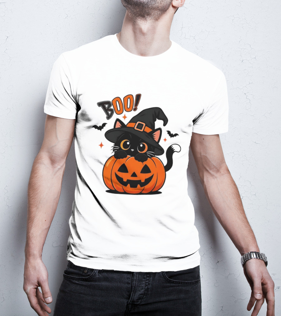 Boo Halloween Black Cat Witch Hat Jack O Lantern Pumpkin T-Shirt