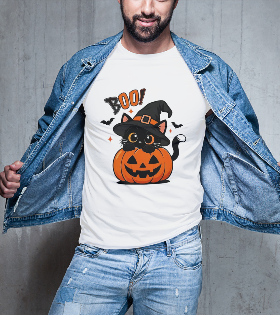 Boo Halloween Black Cat Witch Hat Jack O Lantern Pumpkin T-Shirt