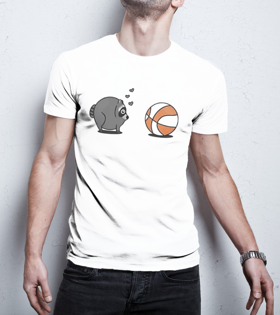 Chubby Cartoon Raccoon Admiring Basketball With Pink Hearts T-Shirt