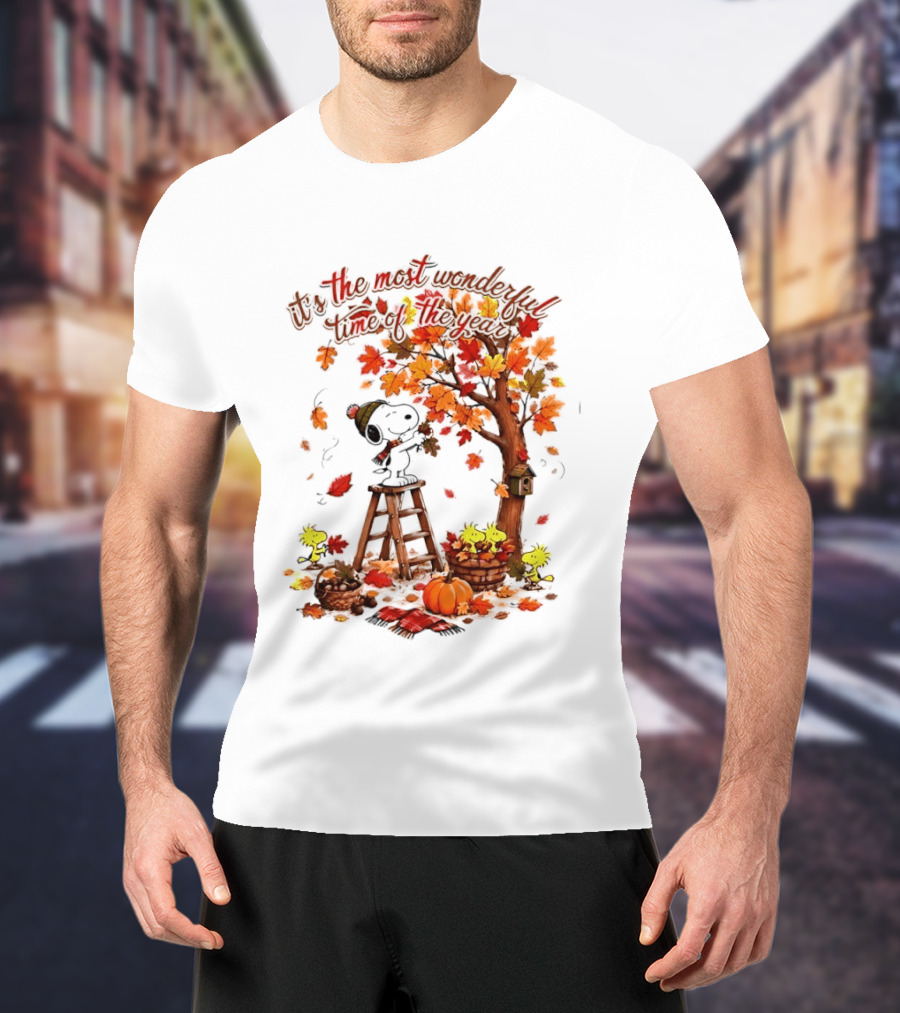Snoopy It's The Most Wonderful Time Of The Year Autumn Tree Pumpkin Woodstock T-Shirt