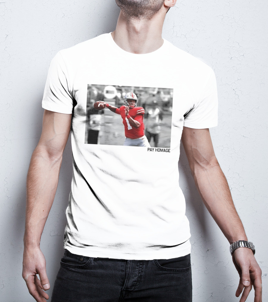 Ohio State Buckeyes NCAA Pay Homage Quarterback Throwing Football Selective Color Photo T-Shirt