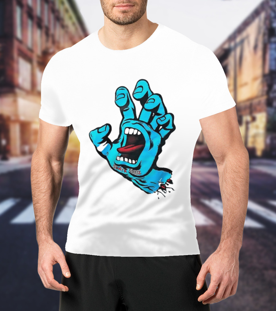 Santa Cruz Blue Screaming Hand Open Mouth Tongue Cartoon T-Shirt