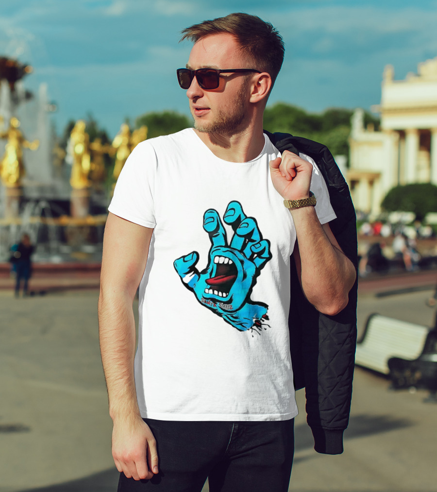 Santa Cruz Blue Screaming Hand Open Mouth Tongue Cartoon T-Shirt