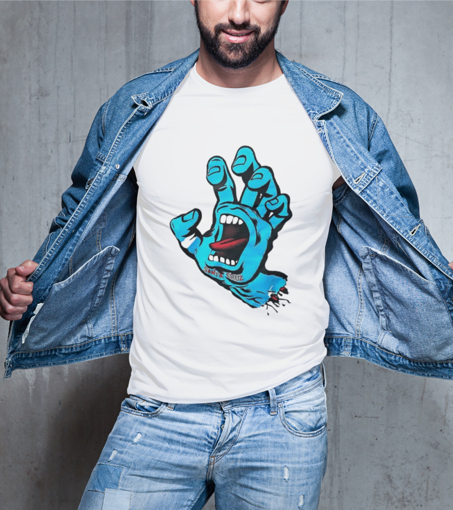 Santa Cruz Blue Screaming Hand Open Mouth Tongue Cartoon T-Shirt