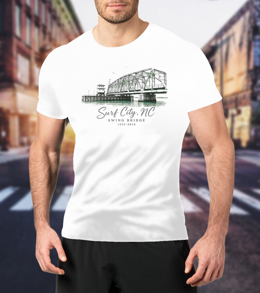 Surf City NC Swing Bridge 1955 2018 Water Birds Coastal Pier Green Watercolor T-Shirt