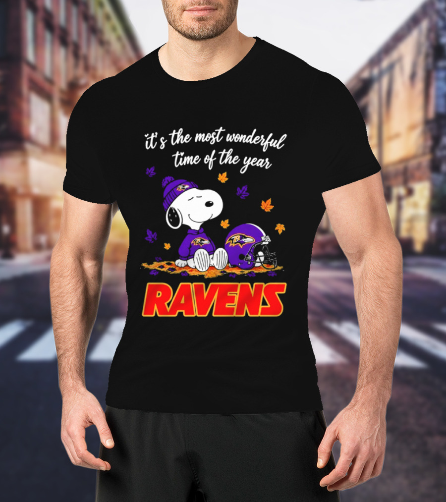 Baltimore Ravens It's The Most Wonderful Time Of Year Snoopy Sitting Leaves Football Helmet T-Shirt
