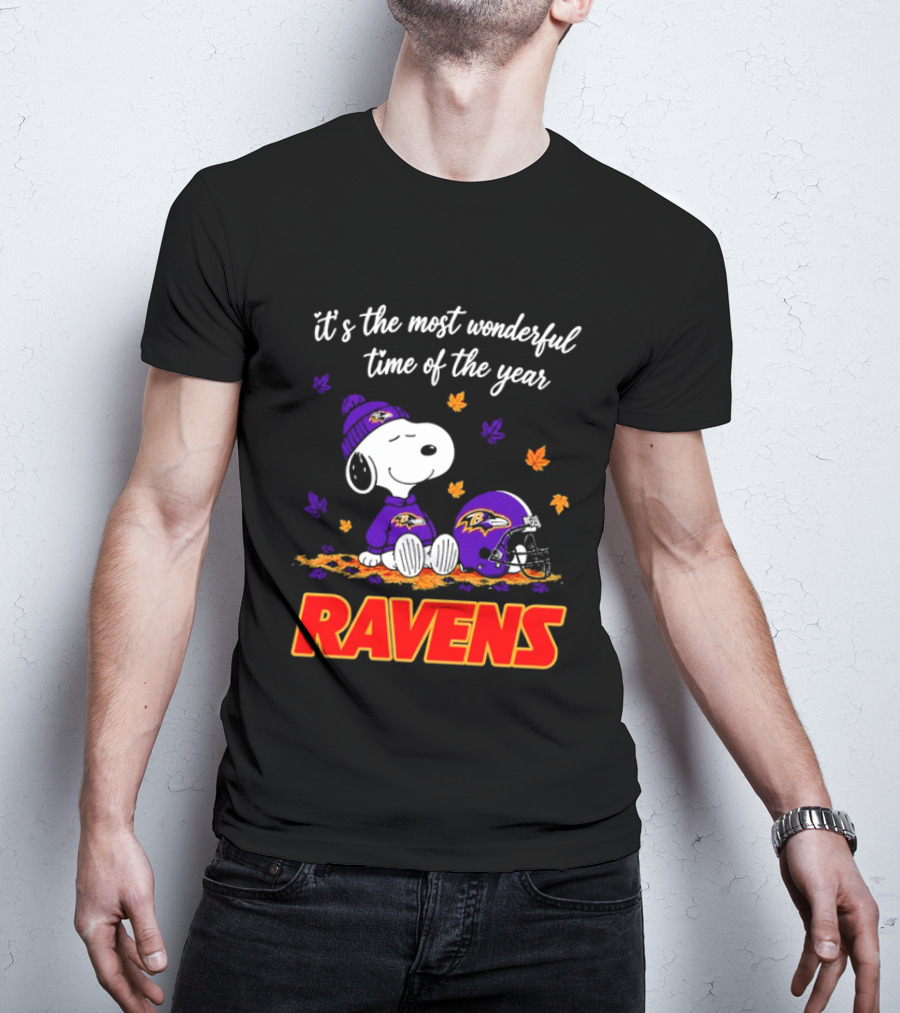 Baltimore Ravens It's The Most Wonderful Time Of Year Snoopy Sitting Leaves Football Helmet T-Shirt