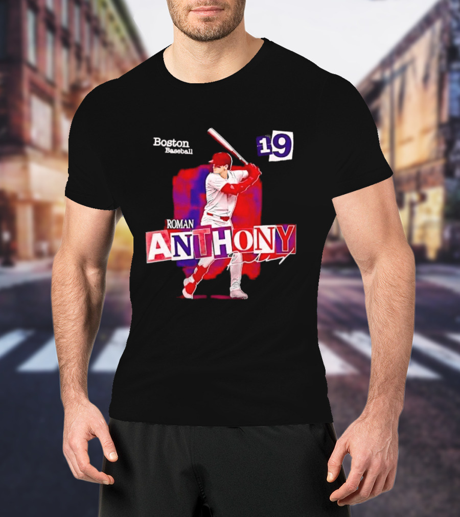 Boston Baseball 19 Roman Anthony Player Batting Red Paint T-Shirt