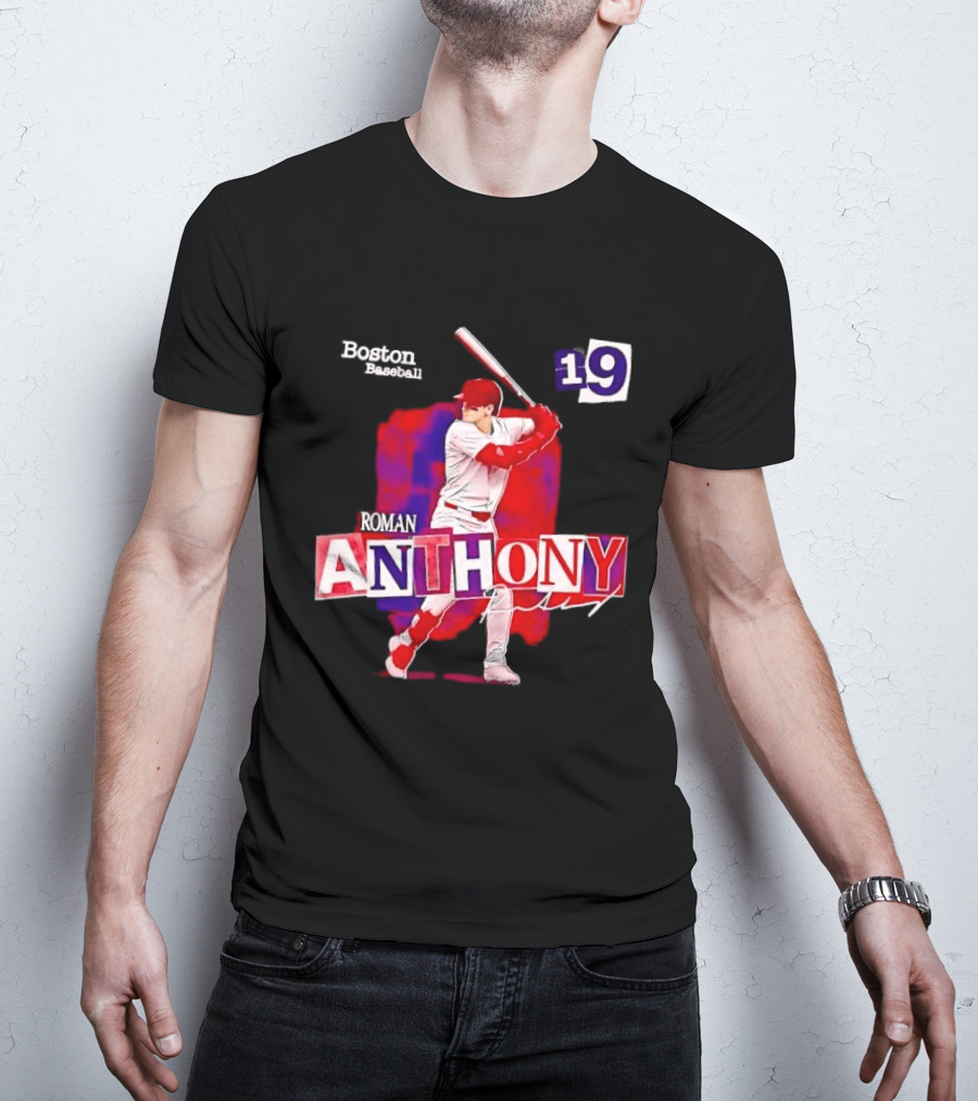 Boston Baseball 19 Roman Anthony Player Batting Red Paint T-Shirt