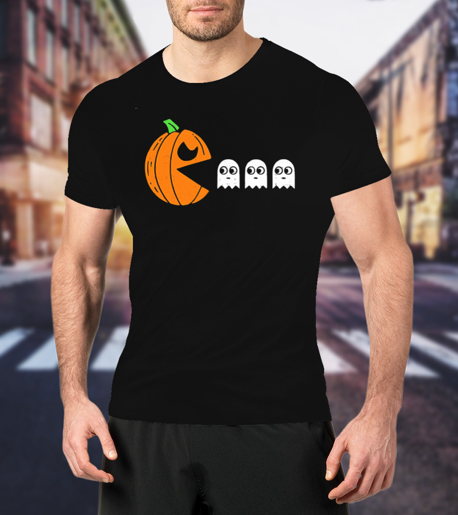 Halloween Pumpkin Pac Man Chasing White Ghosts Distressed Cartoon T-Shirt