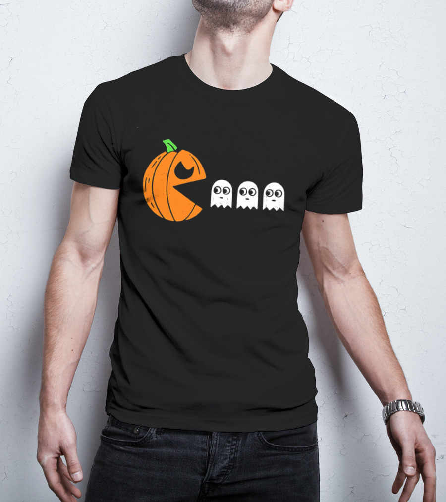 Halloween Pumpkin Pac Man Chasing White Ghosts Distressed Cartoon T-Shirt