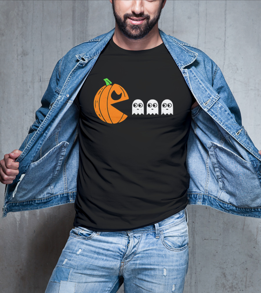 Halloween Pumpkin Pac Man Chasing White Ghosts Distressed Cartoon T-Shirt
