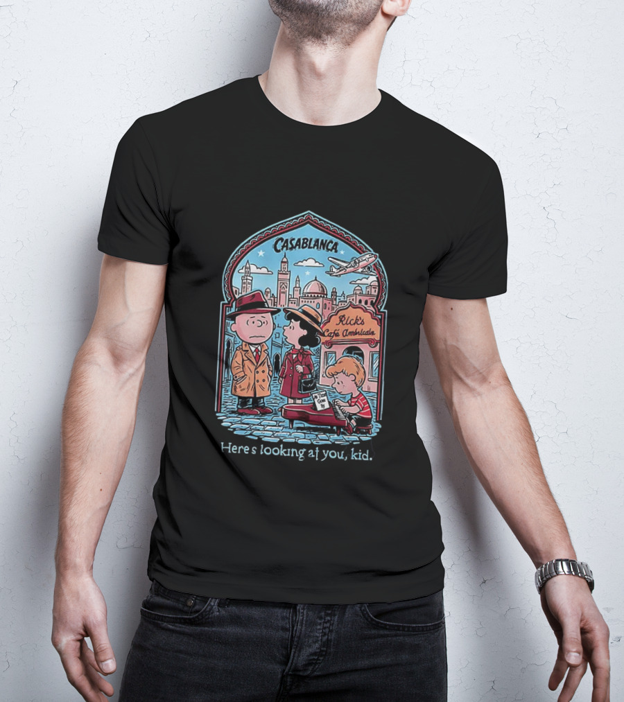 Charlie Brown Lucy Linus Peanuts Casablanca Rick's Café Americain Here's Looking At You Kid T-Shirt