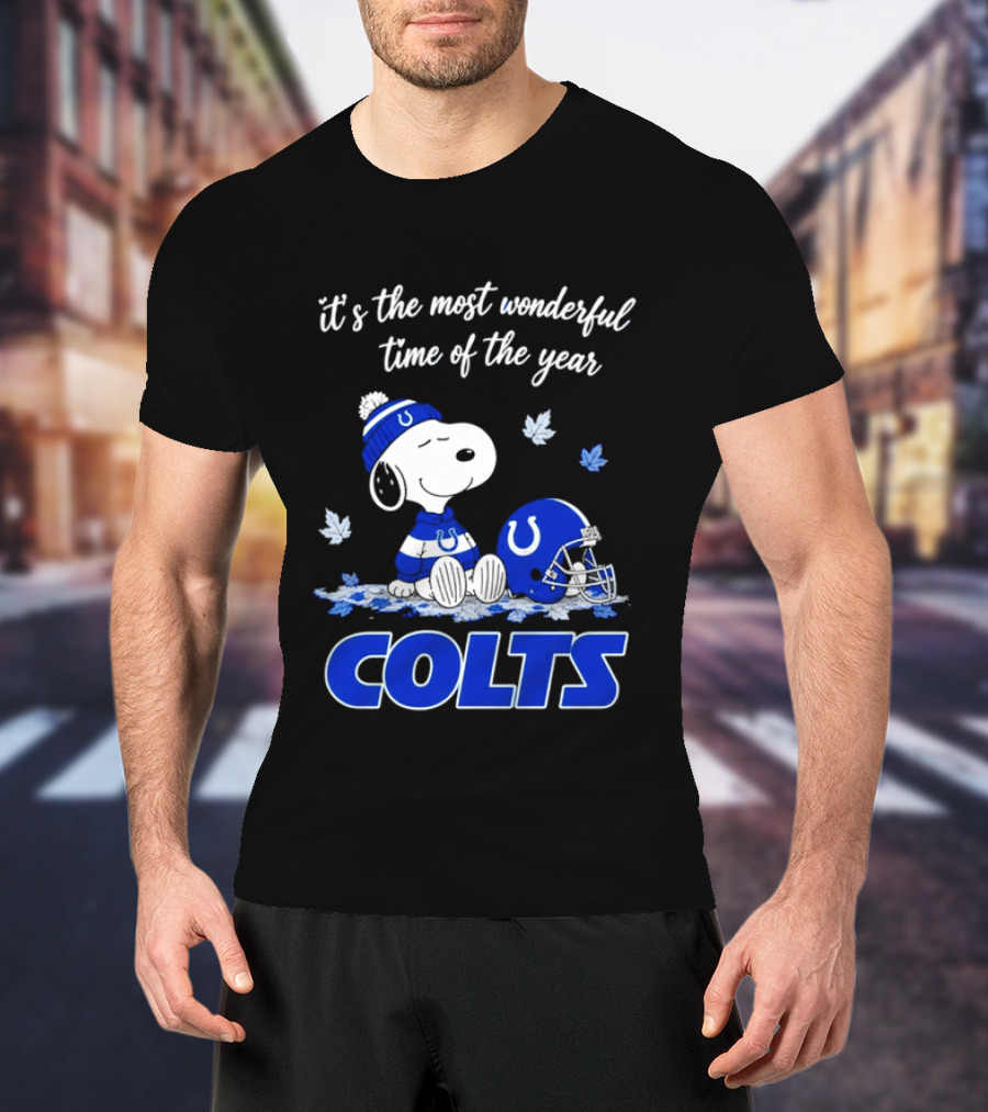 Indianapolis Colts Snoopy Beanie Helmet Leaves It's The Most Wonderful Time Of The Year T-Shirt