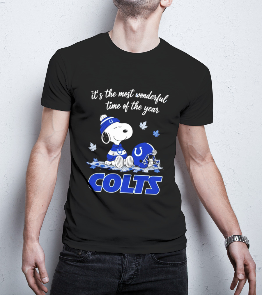 Indianapolis Colts Snoopy Beanie Helmet Leaves It's The Most Wonderful Time Of The Year T-Shirt