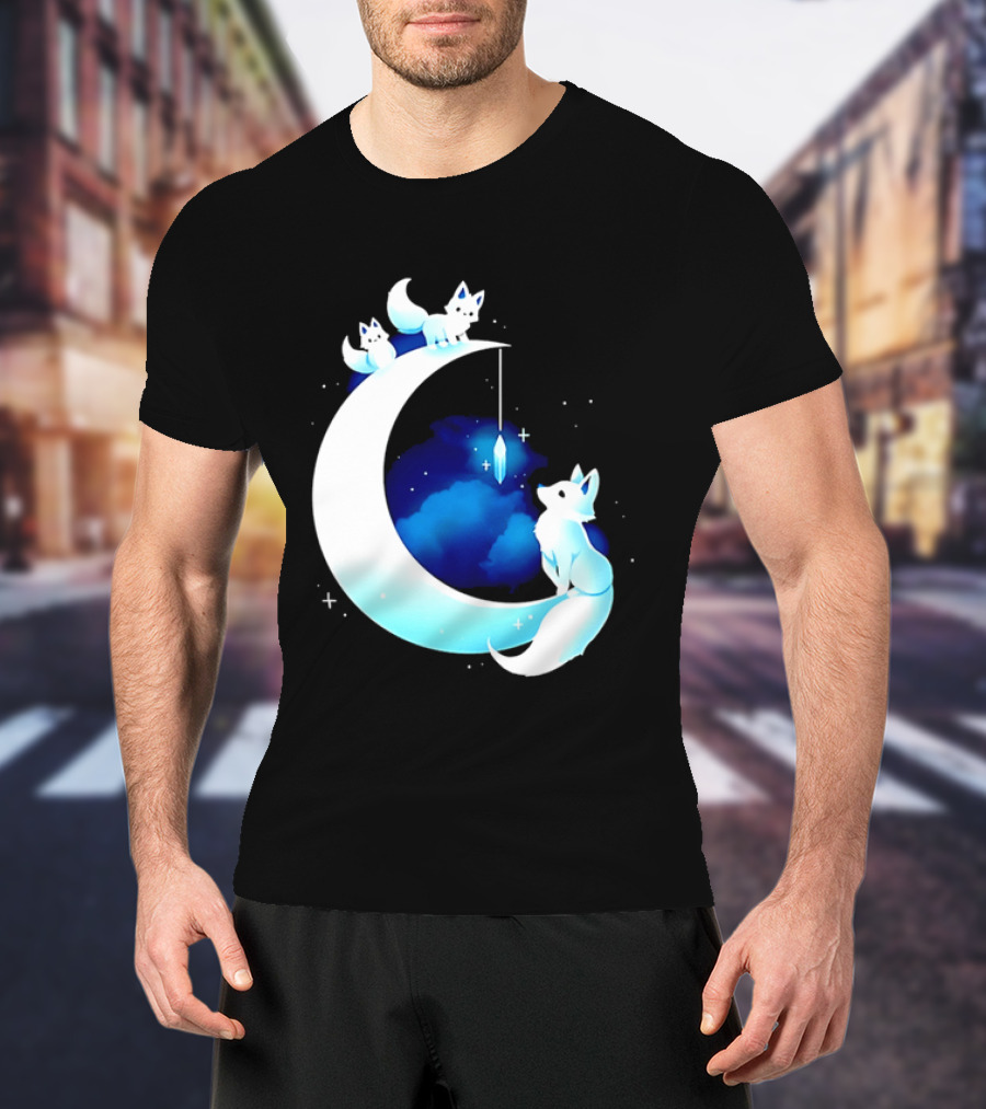 Glowing White Arctic Foxes Crescent Moon Crystal Night Sky T-Shirt