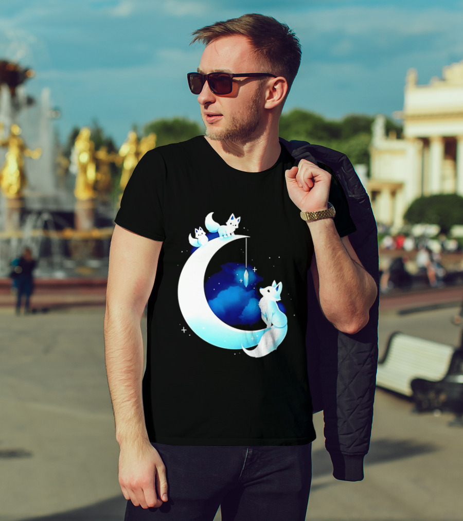 Glowing White Arctic Foxes Crescent Moon Crystal Night Sky T-Shirt