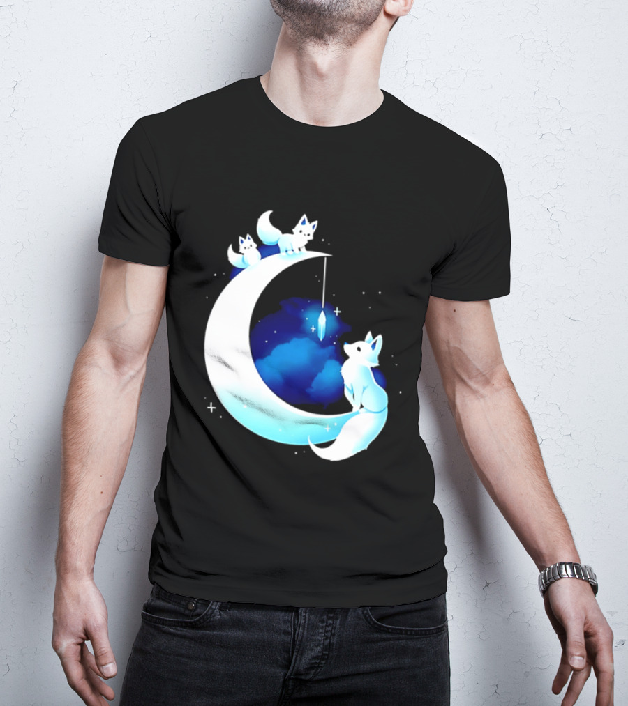 Glowing White Arctic Foxes Crescent Moon Crystal Night Sky T-Shirt