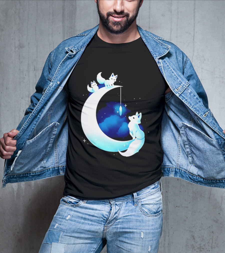 Glowing White Arctic Foxes Crescent Moon Crystal Night Sky T-Shirt