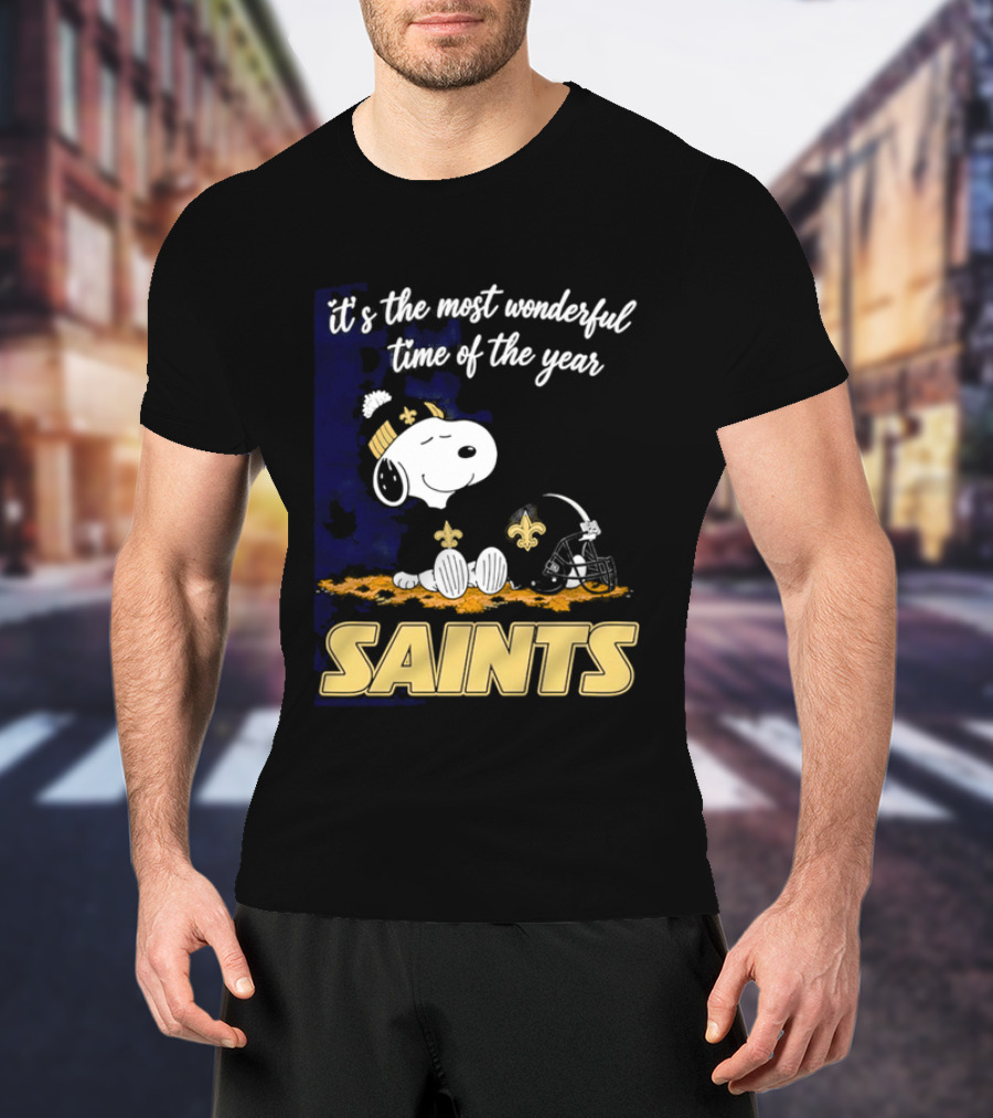 New Orleans Saints Snoopy Beanie Helmet Autumn Leaves Most Wonderful Time Of Year T-Shirt