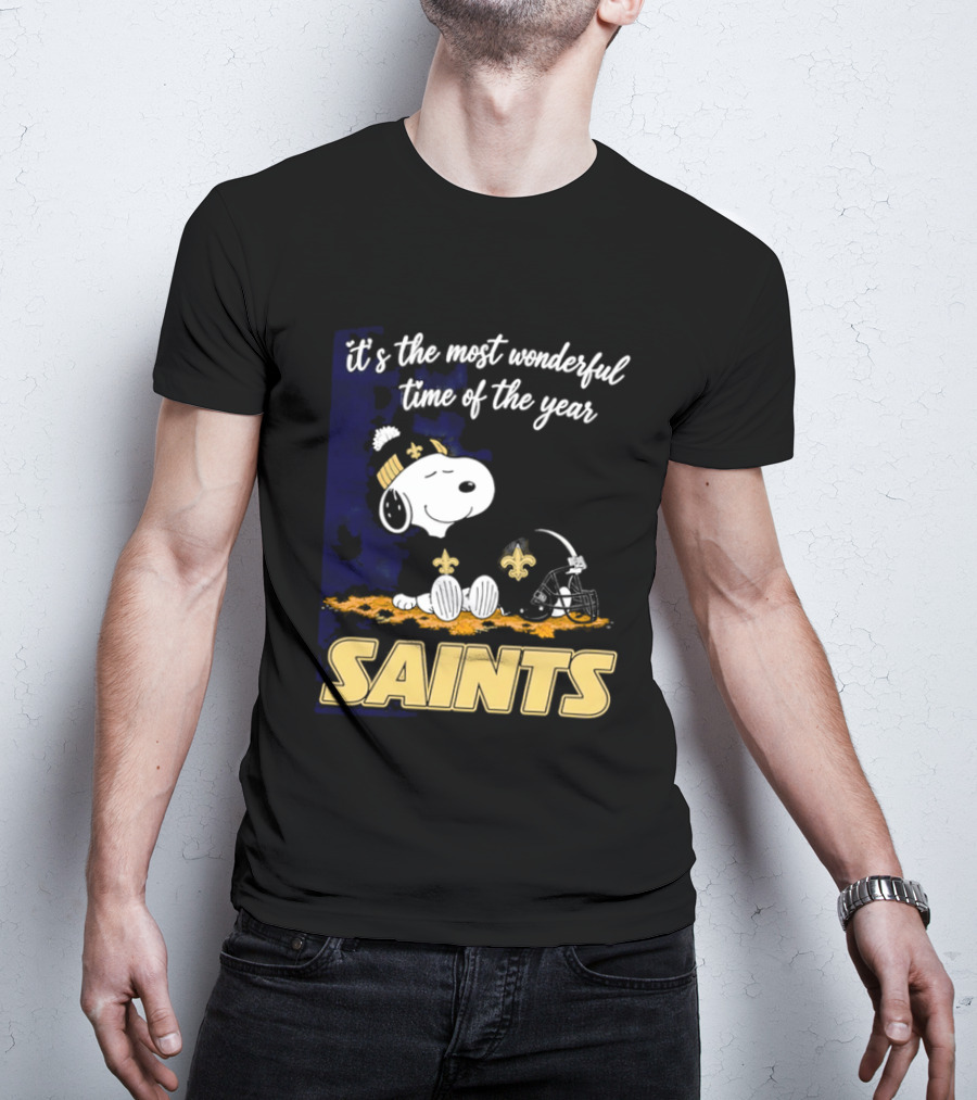 New Orleans Saints Snoopy Beanie Helmet Autumn Leaves Most Wonderful Time Of Year T-Shirt