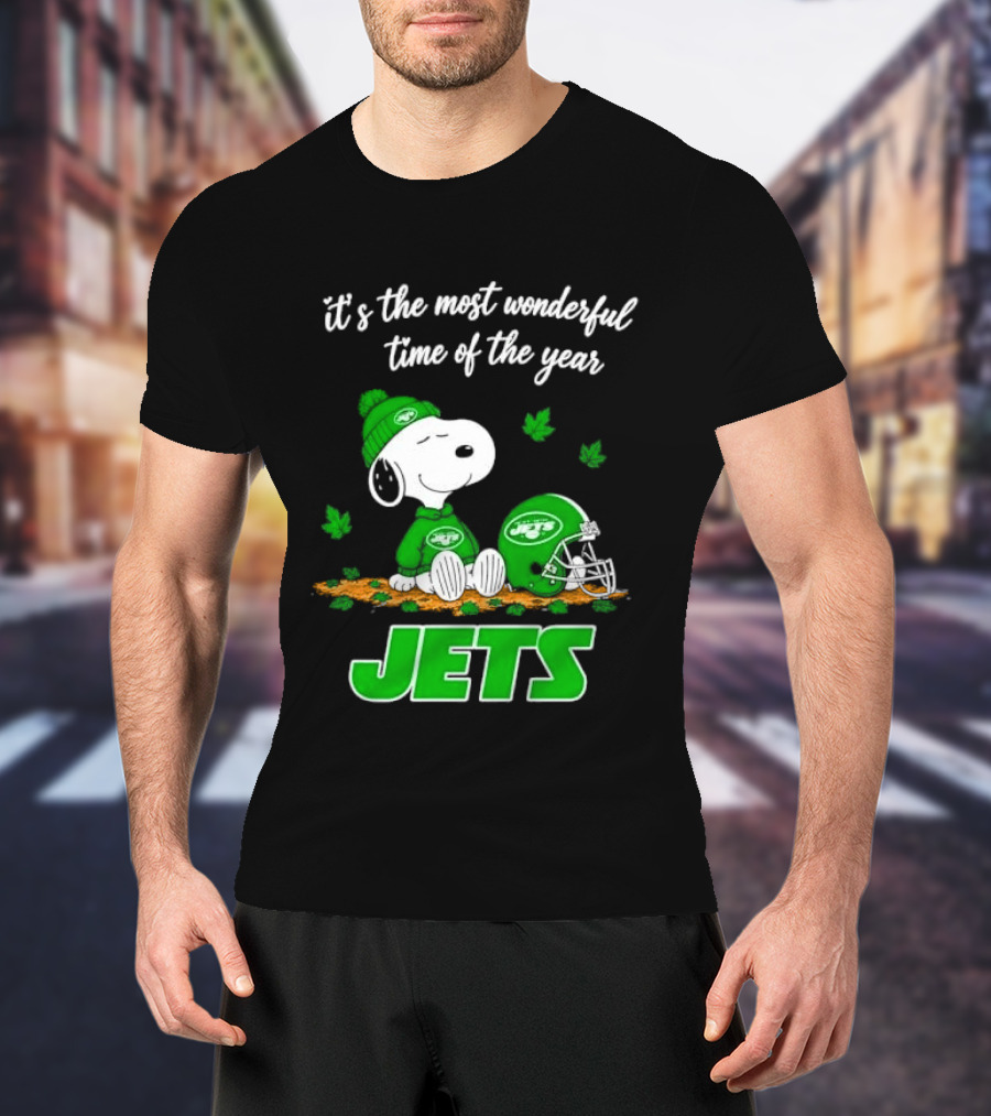 New York Jets It's The Most Wonderful Time Of Year Cartoon Dog Beanie Helmet Autumn Leaves T-Shirt