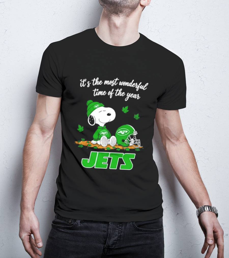 New York Jets It's The Most Wonderful Time Of Year Cartoon Dog Beanie Helmet Autumn Leaves T-Shirt