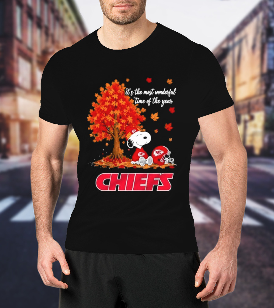 Kansas City Chiefs Snoopy Autumn Tree Football Helmet Most Wonderful Time Of The Year T-Shirt