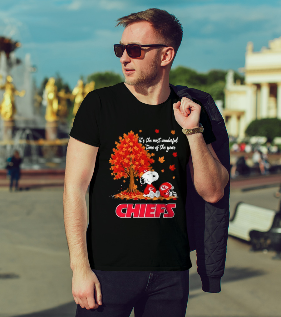 Kansas City Chiefs Snoopy Autumn Tree Football Helmet Most Wonderful Time Of The Year T-Shirt