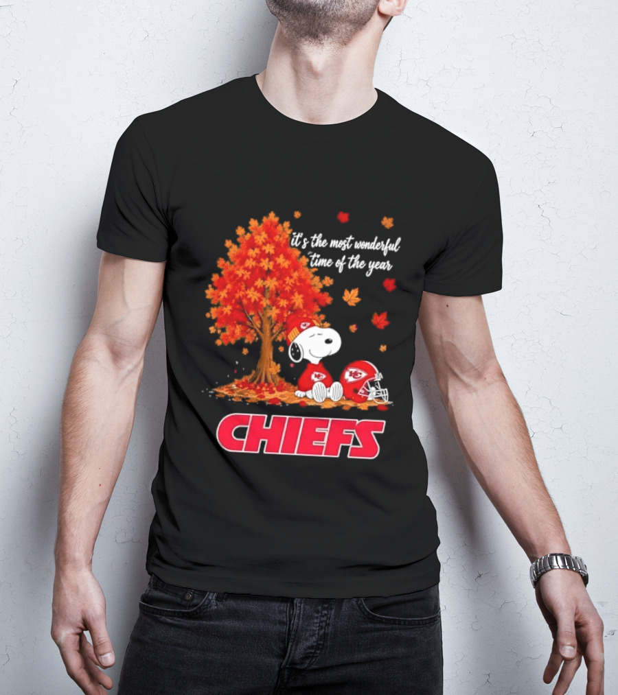 Kansas City Chiefs Snoopy Autumn Tree Football Helmet Most Wonderful Time Of The Year T-Shirt