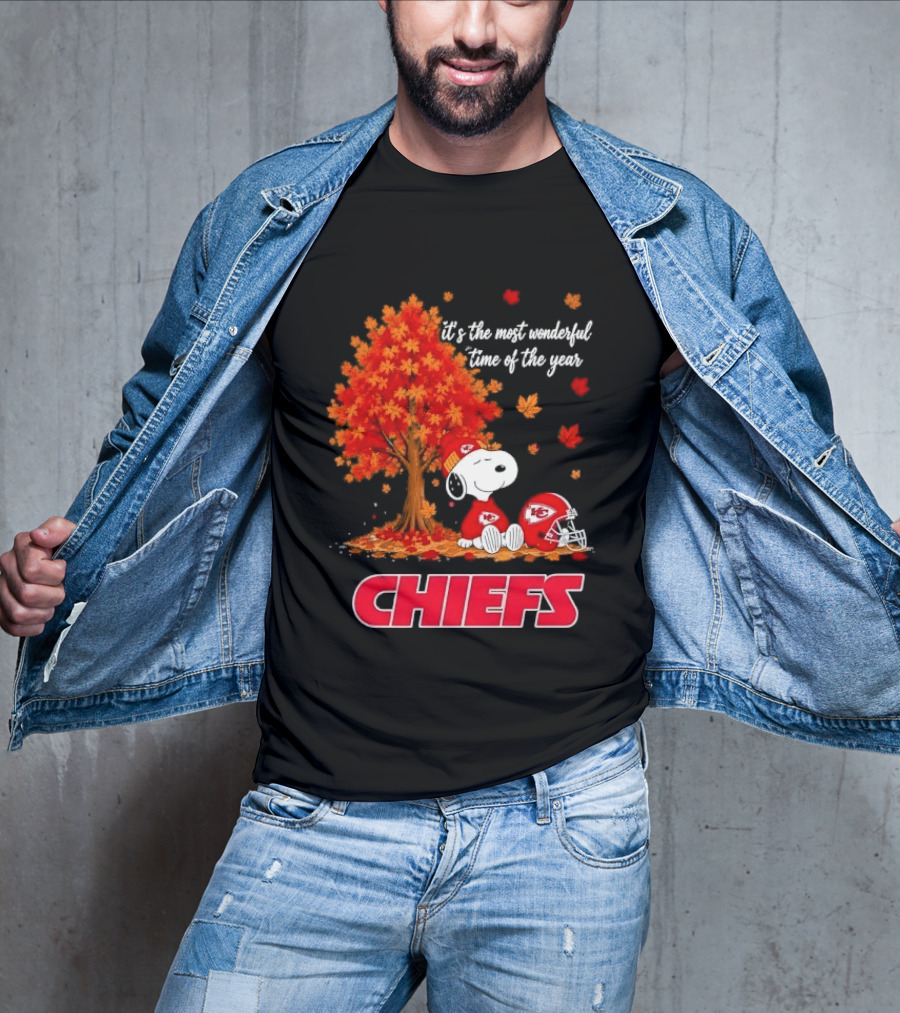 Kansas City Chiefs Snoopy Autumn Tree Football Helmet Most Wonderful Time Of The Year T-Shirt
