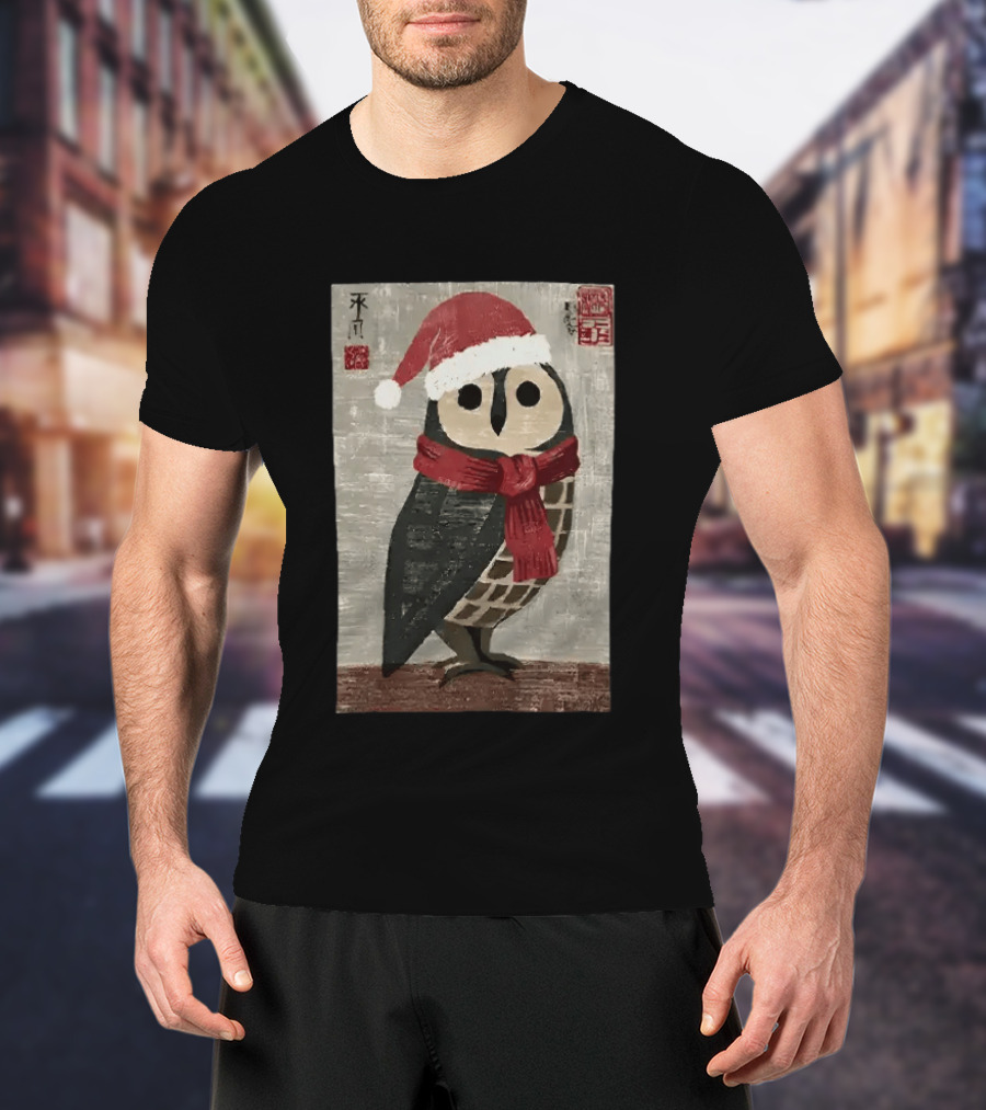 Owl With Red Santa Hat And Scarf Japanese Calligraphy T-Shirt